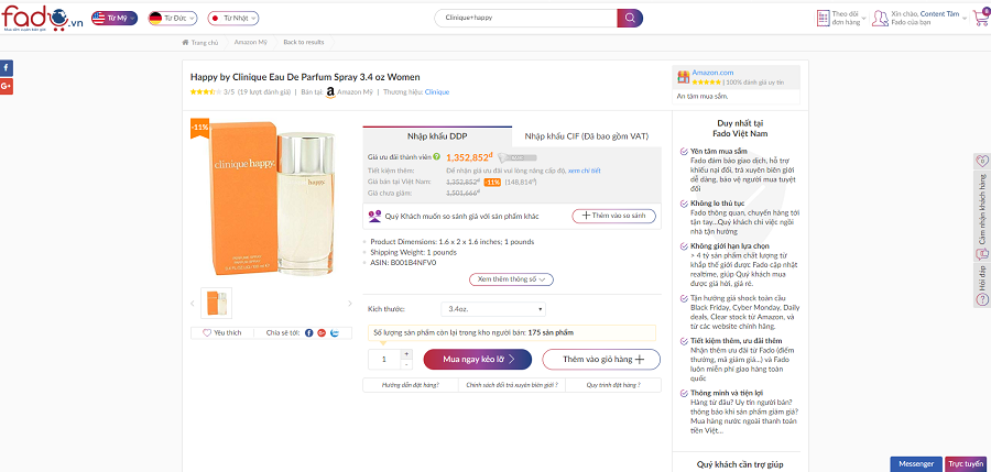 nuoc hoa clinique happy duoc mua truc tiep tai fado tư Amazon