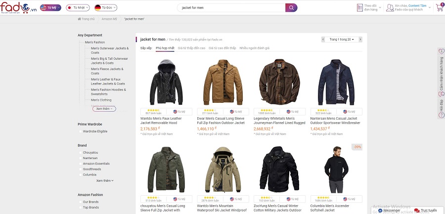 Ao khoac Nam tren Amazon