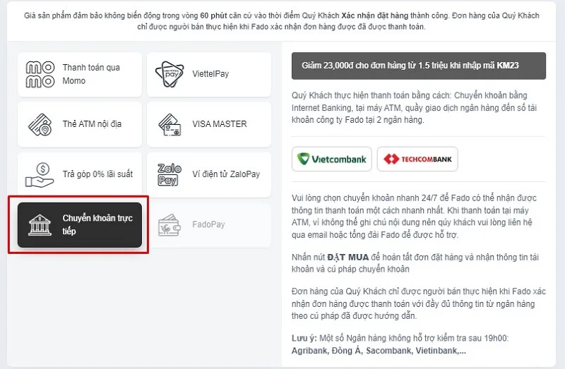 Chọn hình thức thanh toán chuyển khoản trực tiếp cho FADO