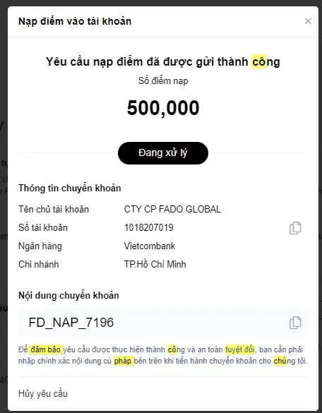 Đợi hệ thống xử lý yêu cầu nạp điểm