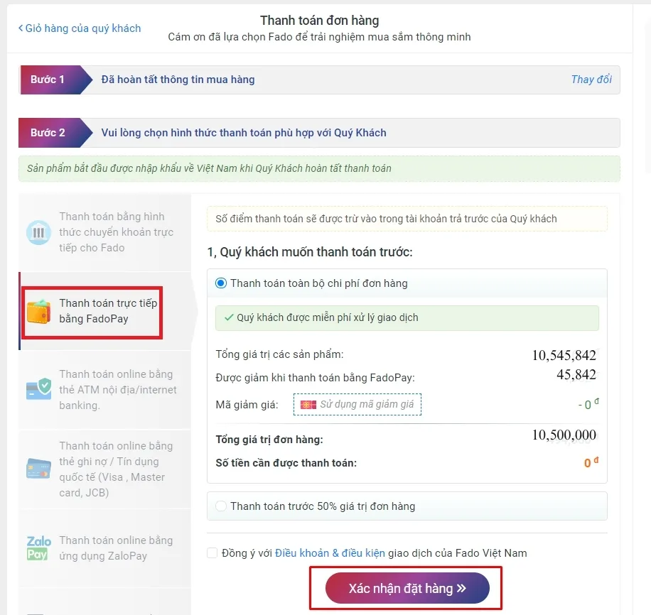 Chọn hình thức thanh toán FadoPay để thanh toán đơn hàng