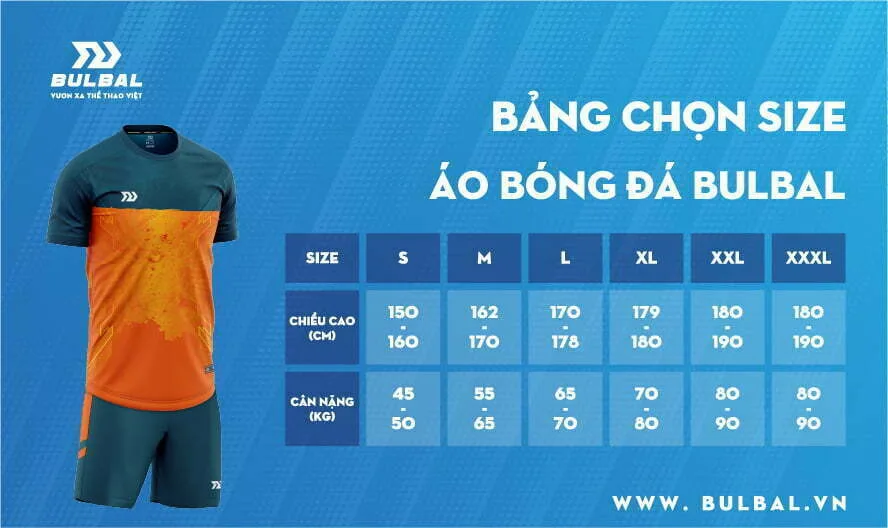 Bảng size áo bóng đá Bulbal cho nam