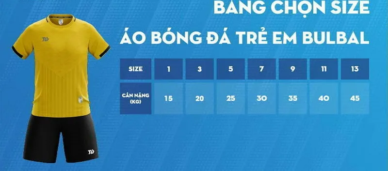Bảng size áo bóng đá Bulbal cho trẻ em