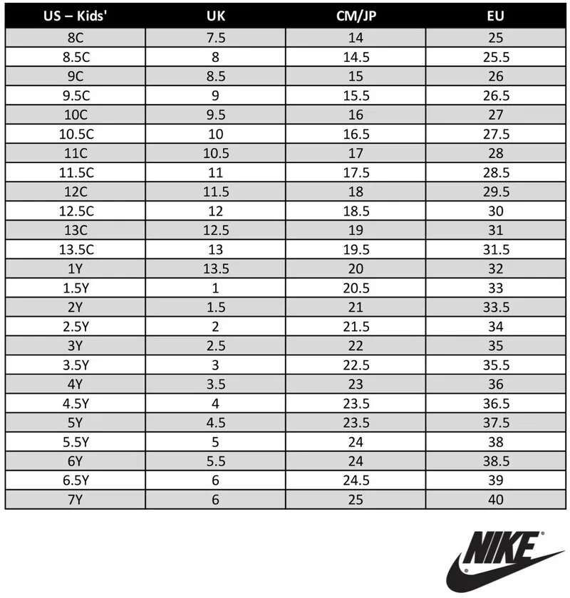 Size giày đá bóng Nike dành cho trẻ em