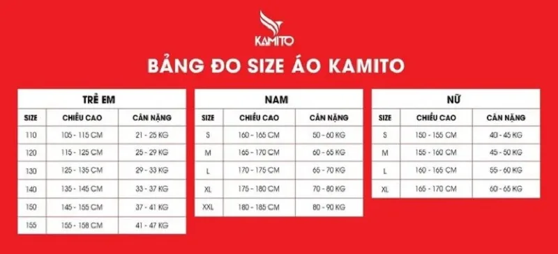 Tham khảo chi tiết bảng size áo thể thao Kamito
