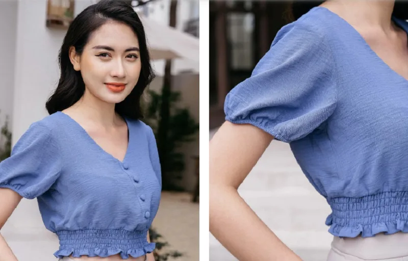 Áo Croptop cổ tim bo eo tay ngắn che đi khuyết điểm cho người mập