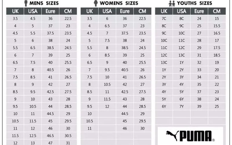 Bảng size giày Puma nam nữ chi tiết nhất 2024