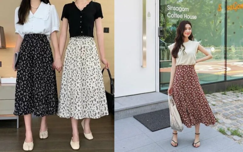 Chân váy hoa nhí dáng dài phối với áo gì? 6 cách phối cực dễ thương